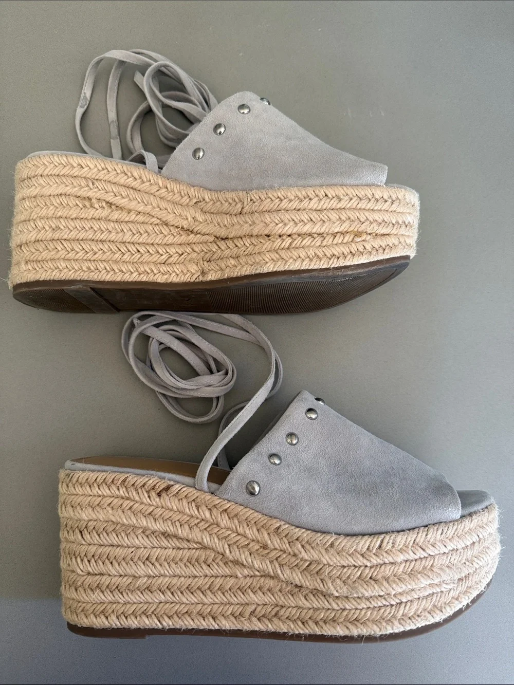 Marc Fisher Beige Suede Espadrille Slide Wedge with Ankle Wrap